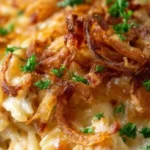 French Onion Chicken Orzo Casserole served in a baking dish with cheese on top.