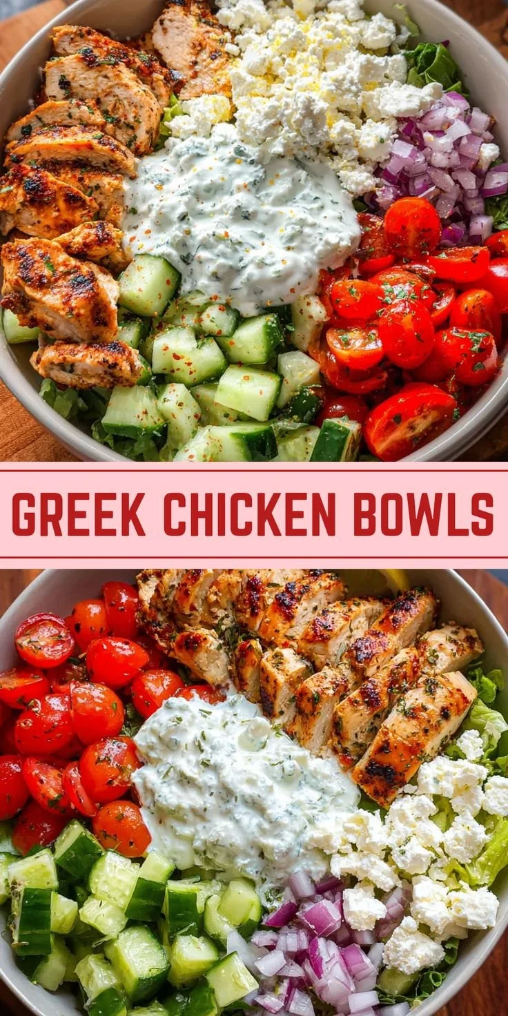 Delicious Greek Chicken Bowls with fresh vegetables and tzatziki sauce